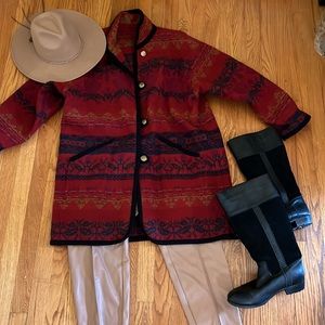 Vintage Southwest Wool Sweater Coat with Icelandic style trim and button design